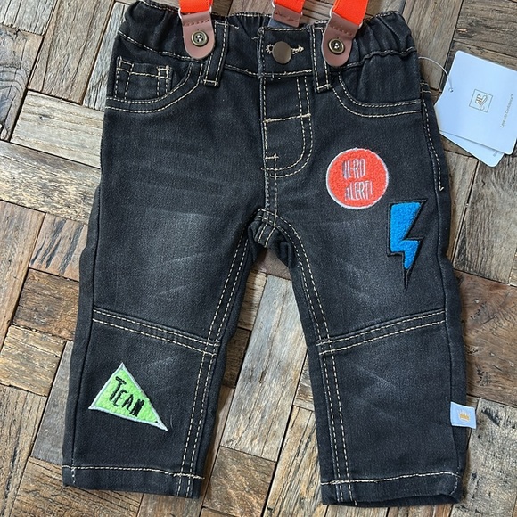 Rosie Pope Baby Boy Black Jeans Suspenders Appliqués NWT Size 0-3 months - Picture 3 of 10